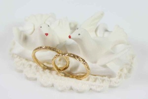 Taubenpaar aus Zucker mit goldfarbenen Ringen