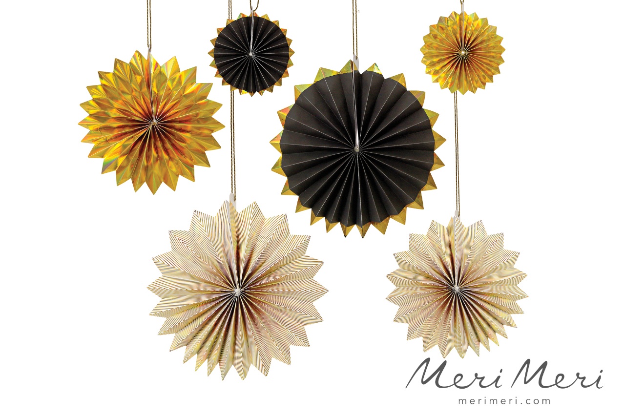 Meri Meri Papierfächer Hängedekoration, schwarz/weiß/gold | 53389