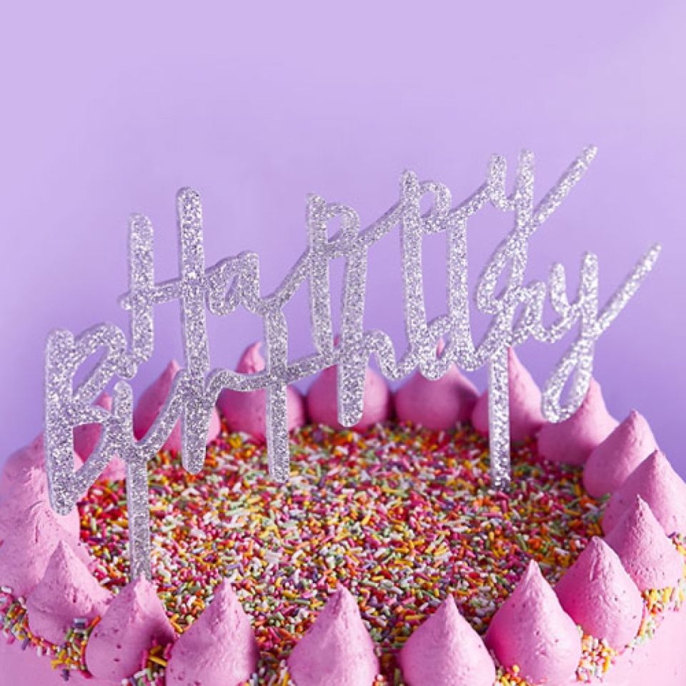 Torten-Topper Happy Birthday Silber, Acryl