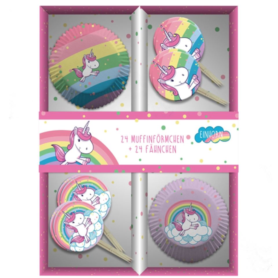 Cupcake-Set Einhorn, 24 Muffinförmchen und 24 Picker