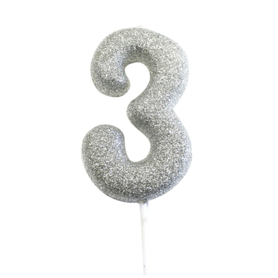 Geburtstagskerze Zahl 3, Silber, 7 cm