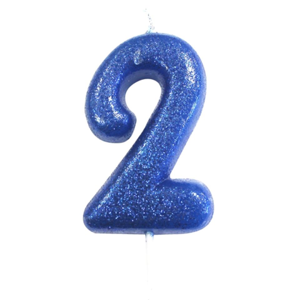 Geburtstagskerze Zahl 2, Blau mit Glitzer, 7 cm