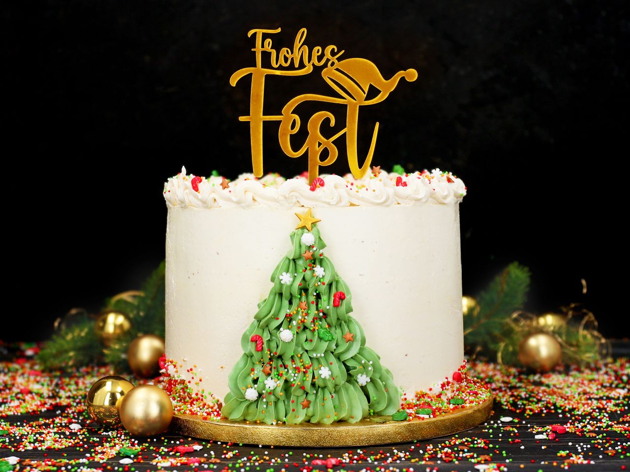 Cake Topper: Frohes Fest, glänzendes Gold, 13,5 x 16,5 cm