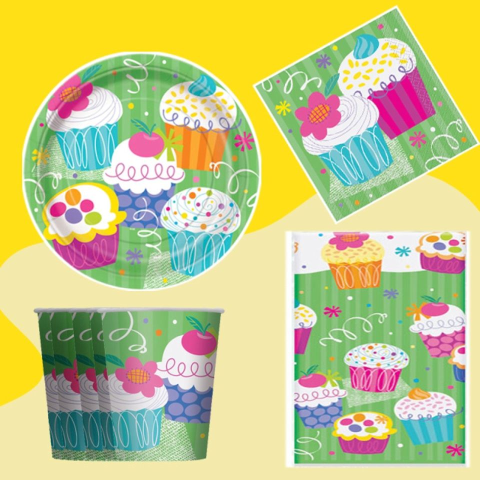 Party-Set 8 Pers. Cupcakes Teller, Becher, Servietten und Tischdecke