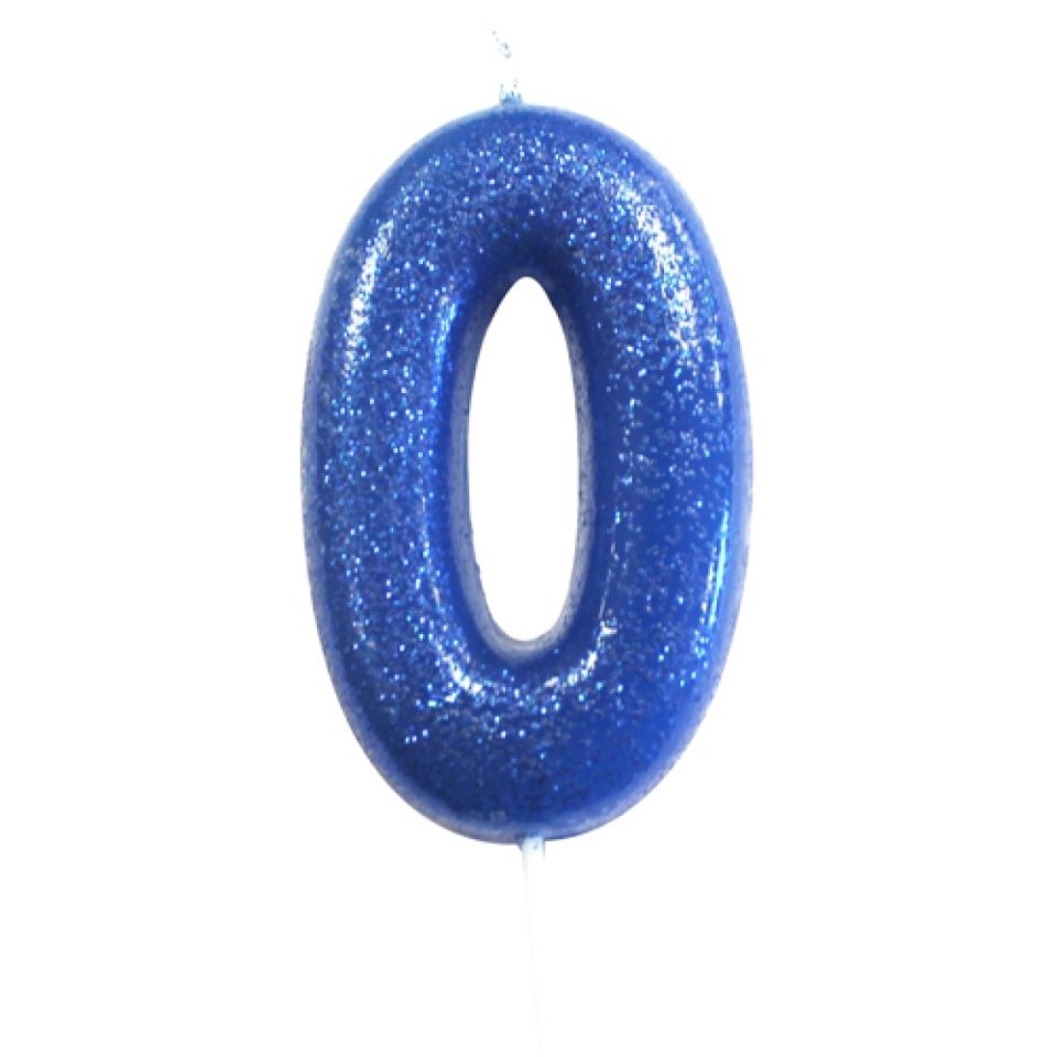 Geburtstagskerze Zahl 0, Blau mit Glitzer, 7 cm