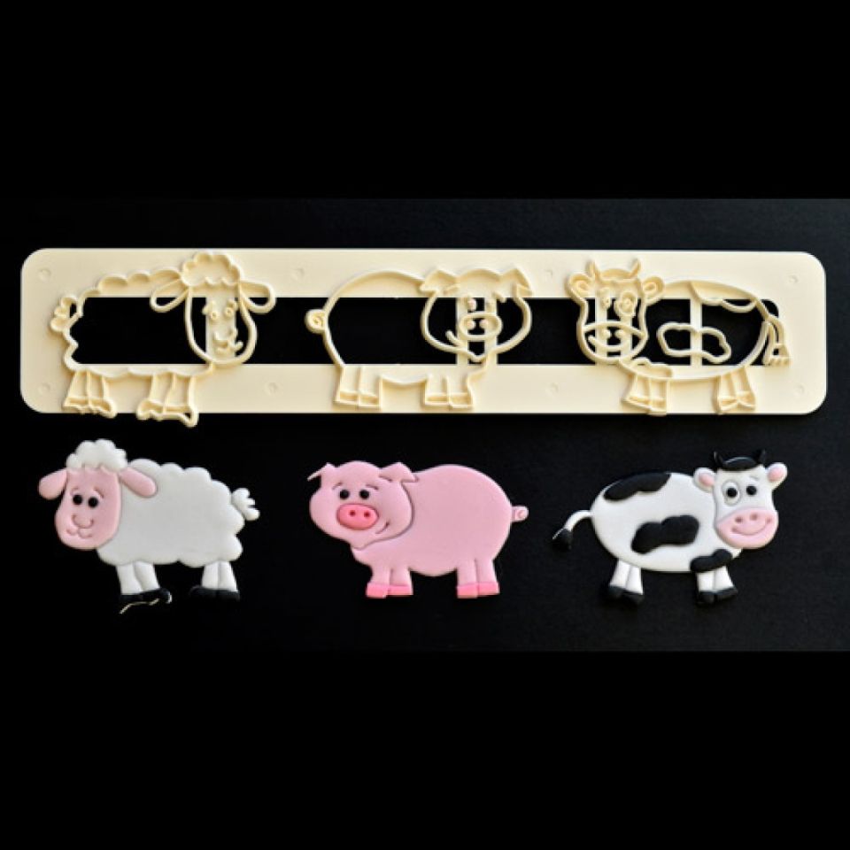 FMM Fondantausstecher Bauernhoftiere, Schaf, Schwein, Kuh