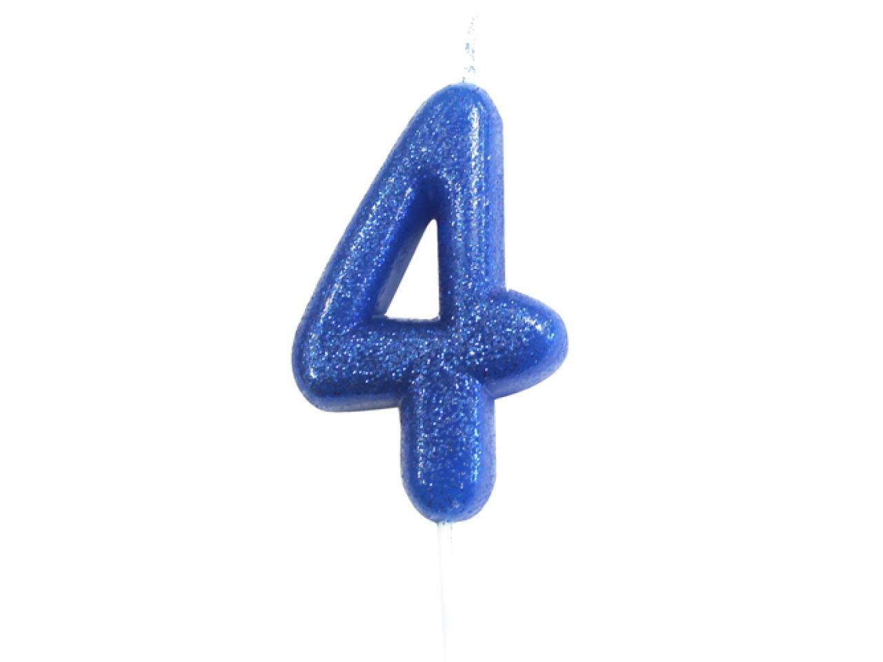 Geburtstagskerze Zahl 4, Blau mit Glitzer, 7 cm