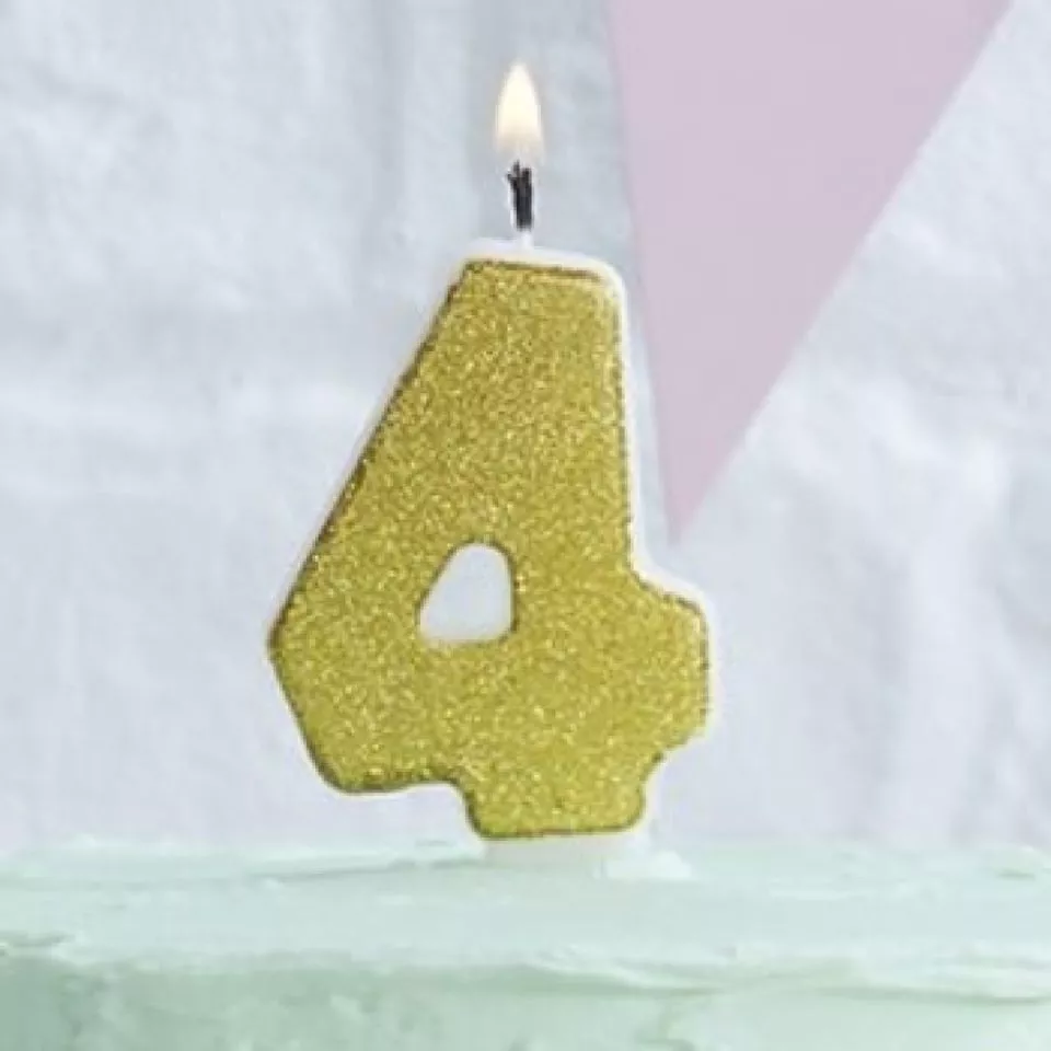 Tortenkerze mit Glitzer, Zahl 4, Gold