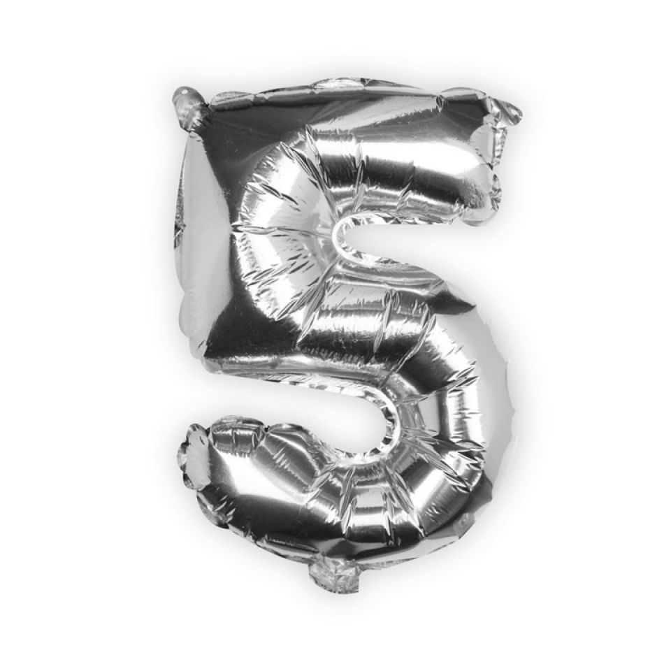 Folienballon Zahl 5, Silber, 40 cm