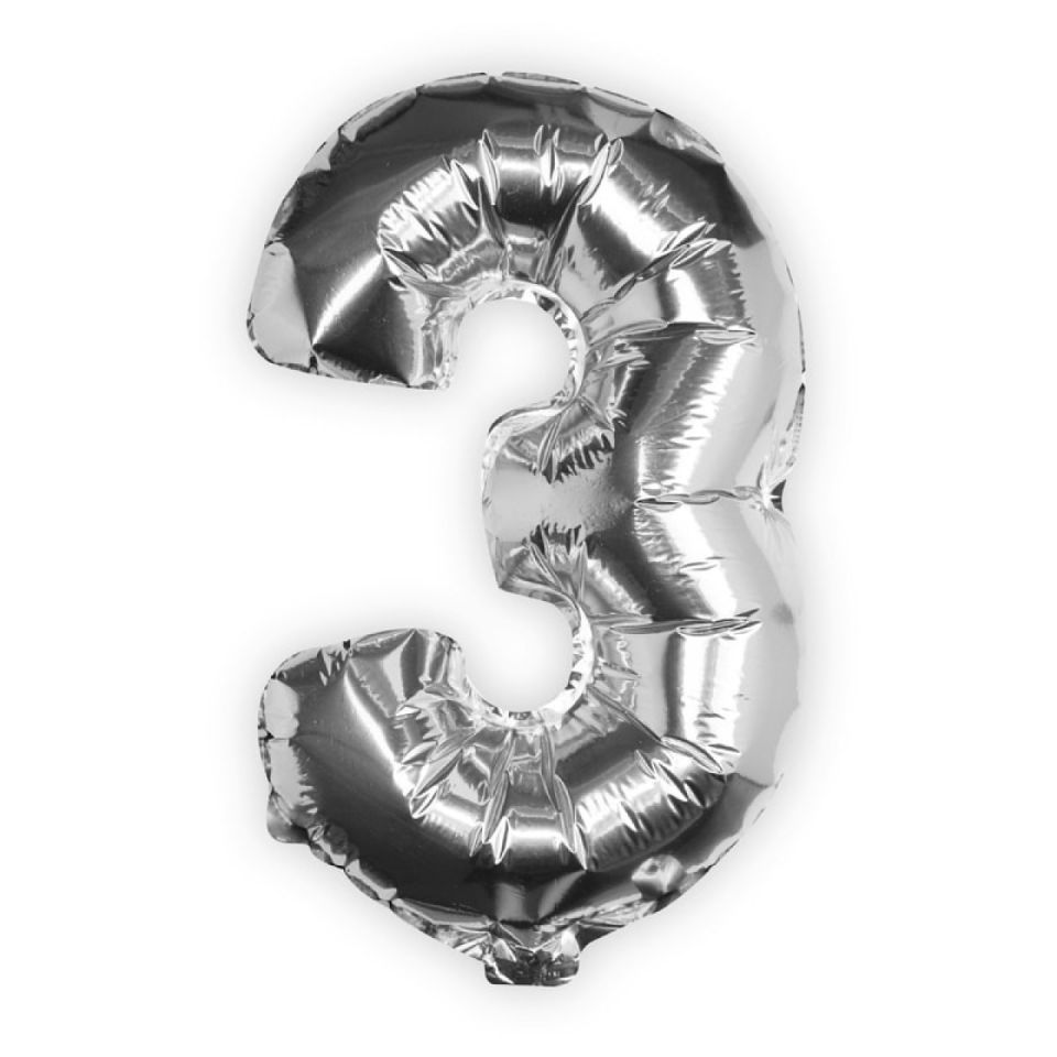 Folienballon Zahl 3, Silber, 40 cm